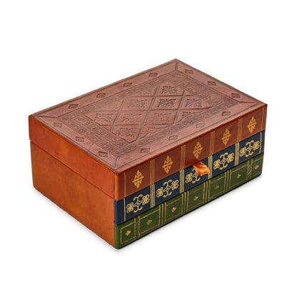 Two's Company Tri-Color Spine Rectangle Book Hinged Keepsake/Storage Box, 3.75-inches Height, Multicolor, Leather