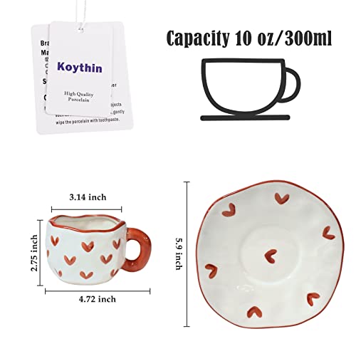 Koythin 10oz Irregular Ceramic Mug With Saucer, Red Heart Latte Tea Cup | 300ml Creative Heart Cup, Dual Safe Ceramic; Home Office Use, Lovely Women Gift - color: Red Heart
