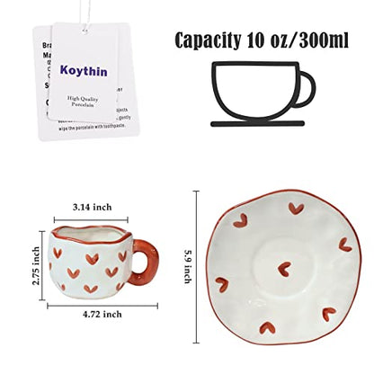 Koythin 10oz Irregular Ceramic Mug With Saucer, Red Heart Latte Tea Cup | 300ml Creative Heart Cup, Dual Safe Ceramic; Home Office Use, Lovely Women Gift - color: Red Heart