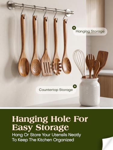 AIUHI 10 Pcs Wooden Spoons for Cooking, Teak Wooden Utensil Set for Nonstick Cookware, Wooden Kitchen Utensils Set with Whisk and Spaghetti Server