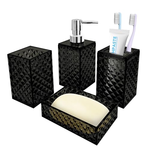 Bathroom Accessory Set, 4 PCS Black Bathroom Accessories Set | Soap Dispenser and Toothbrush Holder Set, Soap Dish and Mouthwash Cup, Boho Bathroom Decor, Plastic Bathroom Sets Accessories - color: Black, size: 4 pcs