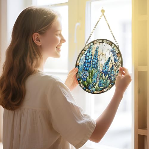 Stained Glass Window Hanging, Stained Glass Suncatcher, 8" Field of Texas Bluebonnets Sun Catchers Indoor Window Ornaments – Christmas Mother's Day Birthday Gifts for Women, Friends, Mom, Grandma - color: Bluebonnet