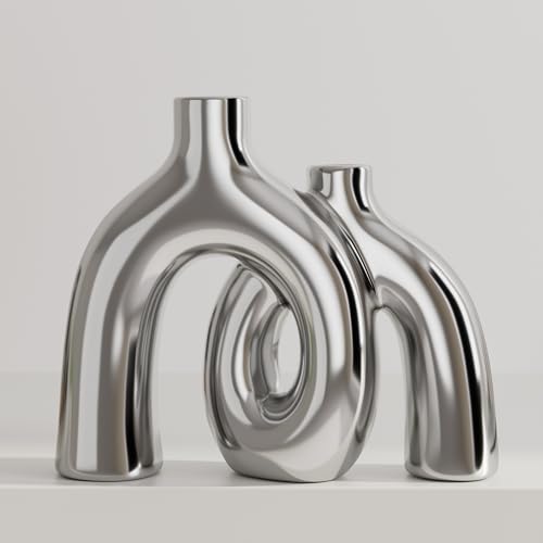 Hug Donut Decorative Vase Set - Silver Vase, Modern Nordic Boho Style Vases Home Decor, Matte Ceramic Decorations for Living Room Shelf, Bookshelf Mantle Entryway Table or Console Décor (Silver) - color: Silver