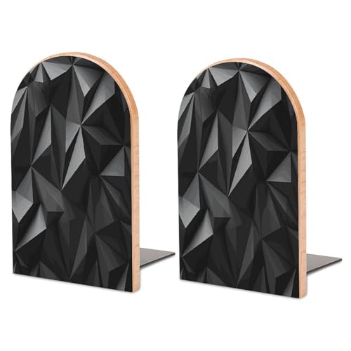 Personalized Black Geometric Book Ends for Shelves, Large Heavy Duty Wooden Bookends with Non-Skid Metal Base Book Holder Decorative Book Stopper for Home Office Supplies 1 Pair