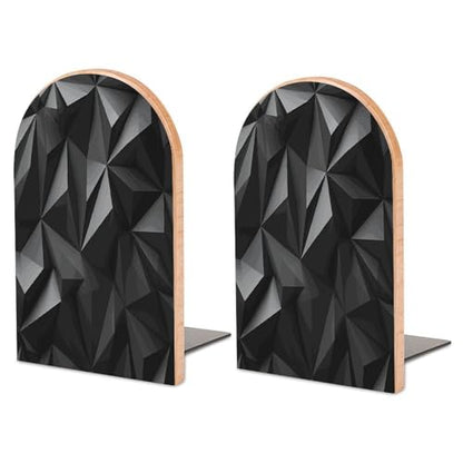 Personalized Black Geometric Book Ends for Shelves, Large Heavy Duty Wooden Bookends with Non-Skid Metal Base Book Holder Decorative Book Stopper for Home Office Supplies 1 Pair