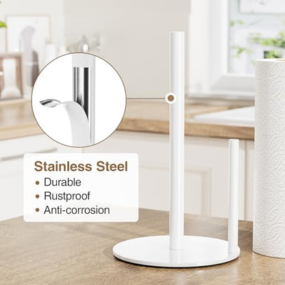 Paper Towel Holder White Stainless Steel Kitchen Countertop Roll Organizer | Standing Paper Towel Holders Roll Dispenser Simple White Weighted Base - color: White