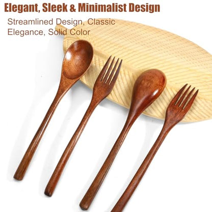 16 Pcs 9" Wooden Spoons Forks Set, Wood Dinner Utensil Set for Eating, Kitchen Reusable Flatware Tableware, Natural Cutlery Include 8 Spoons and 8 Forks, for Cooking Home Restaurant, Brown