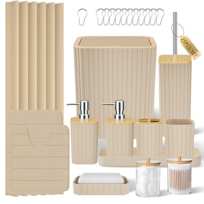 XLHOMO Bathroom Set- 25PC Beige Bathroom Set, Bathroom Set with Shower Curtain and Rugs, Beige Shower Curtain Set, Toilet Brush, Bathroom Trash Can - size: Bath Set+Shower Curtain+Rugs, style: Beige