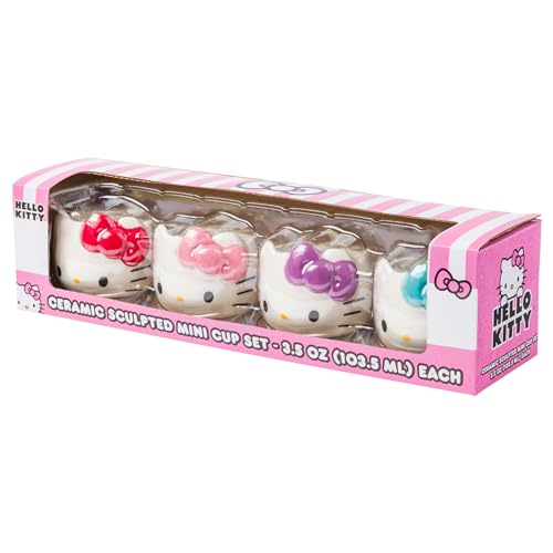 Silver Buffalo Sanrio Hello Kitty Sugar Bows, 3D Mini Cup Set, 4pk, 3.5oz | Different Color, Pack, Ceramic, Sculpted, Perfect for Cream or Milk, 0.1 Liters - color: Hello Kitty Without Handle