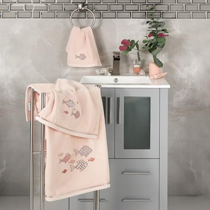 Treasure 4-Piece Premium Towel Set, Sparkling Applique Fish, Ultra Plush Turkish Cotton, Durable, Perfect for Bathroom, 2 Bath 2 Hand Towels, Blush - color: Blush, size: 2 Pcs Bath 2 Pcs Hand Towel