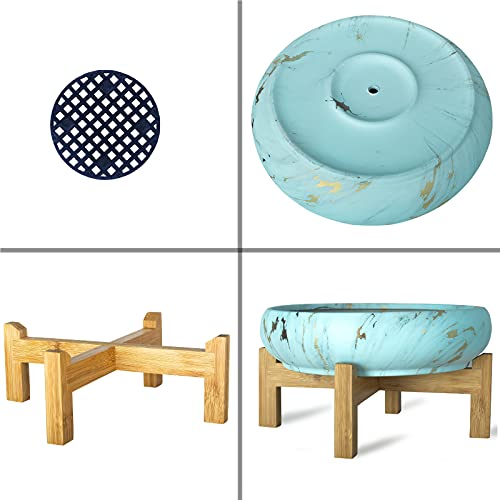 Succulent Pots, 10 Inch Ceramic Bonsai Pots with Drainage, Shallow Planters | Large Pots for Cactus Flower Plants Plus Succulent Planting Tools Set & 2.2lb Mix Pebbles - color: Lake Blue With Tools