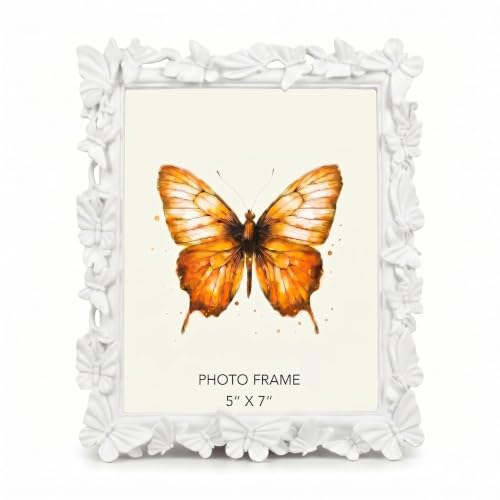White 5x7 Vintage Picture Frames Golden Butterfly Elegant Retro European Design, Antique Photo Frame for Wall Hanging and Tabletop Display, Retro Design Home Decor - color: White, size: 5X7