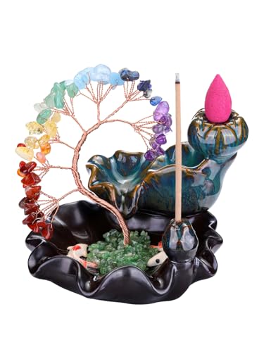 Jovivi Backflow Incense Burner Ceramic Incense Waterfall,7 Chakra Stones Healing Crystal Money Tree Incense Holder for Wealth, Good Luck, Yoga Meditation, Home Decor - color: 7 Chakra