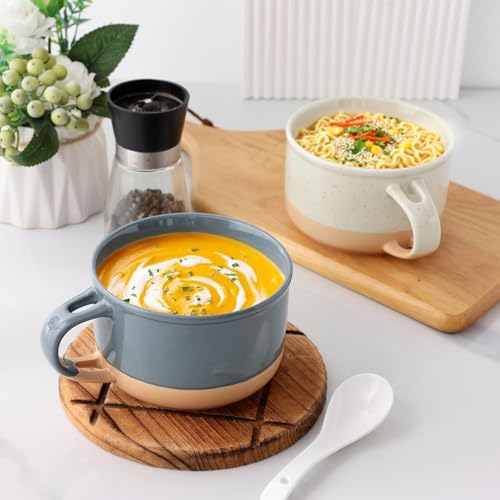 GBhome Ceramic Soup Mugs with Handles and Lids,24 OZ Soup Cups Set of 4 | Terracotta Underside,Mug Bowls with Spoon for Soup/Cereal/Salad/Noodles/Ramen/Microware &Dishwasher Safe-Grey&Beige - color: Grey&Beige