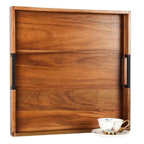 Large Square Ottoman Tray for Living Room and Coffee Table, Decorative Acacia Wood Serving Tray with Metal Handles for Breakfast in Bed, Dinner Food Kitchen TV (Natural, 20" x 20" x 2") - size: 20" x 20" x 2"
