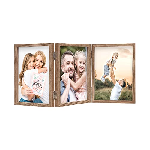 3 Picture Frame 4x6 Triple Hinged MDF Wood Grain with Glass Front Three Opening Photo Frame Stand Vertical on Tabletop | Trifold Photo Frame, Hinged Foldable, Crystal Clear Real Glass - color: Wood Grain, size: 4x6