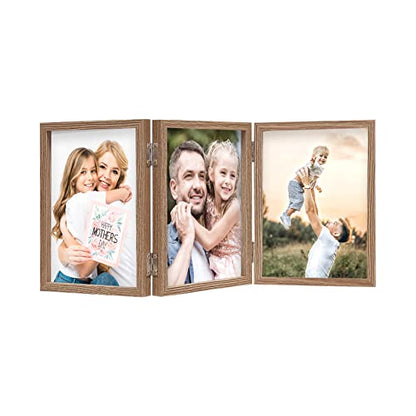 3 Picture Frame 4x6 Triple Hinged MDF Wood Grain with Glass Front Three Opening Photo Frame Stand Vertical on Tabletop | Trifold Photo Frame, Hinged Foldable, Crystal Clear Real Glass - color: Wood Grain, size: 4x6