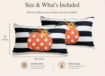 Embroidery Fall Pumpkin Pillow Covers Set of 2(Black & White,12x20) | Soft chenille, black-and-white stripe design, applique pumpkin and sunflower embroidery, hidden zipper, for sofa and bed - size: 20" x 12" (Pack of 2)