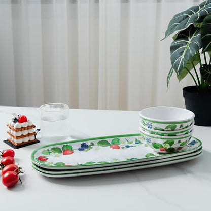 LEHAHA Strawberry Melamine Chip and Dip bowl Serving platter, Set of 3. Rectangular serving platter and small serving bowl sets. Round Dipping Dishes for Condiments, Pre, Dessert, Salsa, Entertaining - color: Strawberry