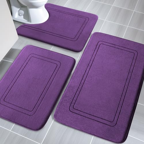 Memory Foam Bath Mat Set, Bathroom Rugs Sets 3 Pieces, Non Slip Bath Mats for Bathroom, Super Soft and Water Absorbent Bath Rug Set, Machine Washable U Shape Toilet Rug,Purple - color: Purple, size: 3pieces