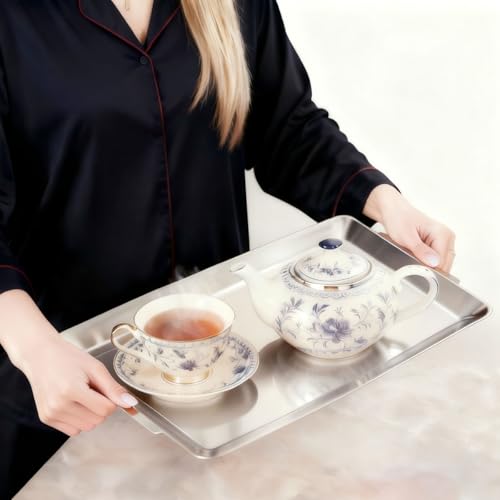 15.8" x 9.5" Large Serving Platters, Stainless Steel Heavy-Duty Large Serving Trays, Silver Rectangular Plates for Food, Fruit, Party, Wedding, Christmas, Chip and Scratch Resistant - color: Plata-40x24 Cm
