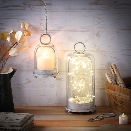 5" & 4" Wide Versatile Metal Candle Holder in Shabby White with Handmade Thick, Heavy & Sturdy Glass Dome for Pillar Candle, Industrial, Modern, Shelf, Mantel, Veranda, Porch - color: White Shabby