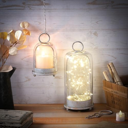 5" & 4" Wide Versatile Metal Candle Holder in Shabby White with Handmade Thick, Heavy & Sturdy Glass Dome for Pillar Candle, Industrial, Modern, Shelf, Mantel, Veranda, Porch - color: White Shabby