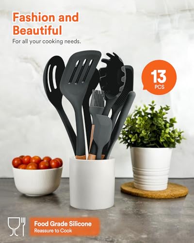 Kitchen Utensils Set, 13PCS Silicone Cooking Utensils, Heat Resistant Kitchen Utensil Spatula Set for Nonstick Cookware, Wooden Handles Kitchen Gadgets Tools Set - color: Gray