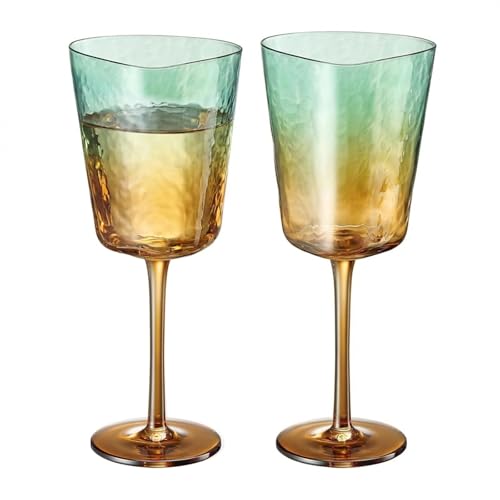Gold and Teal Hammered Stemmed Wine Glasses, 2 Set, 10.5oz Colored Art Deco Vintage Glassware Wine Champagne Cocktails Margarita Muted Pastel Goblet Elegant Wedding Anniversary Celebration Gift Ideas - color: Stemmed Wine