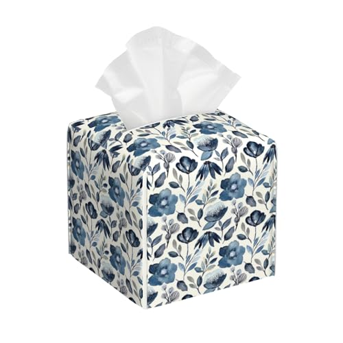 Watercolor Blue Floral Tissue Box Cover Square,Blue Flowers and Leaves Tissue Box Holder Waterproof Leather Facial Paper Organizer Dispenser for Bathroom Home Car Nightstand Vanity Desk - color: Color-13