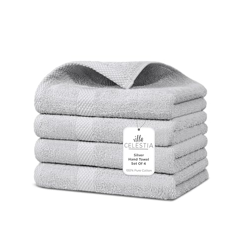 Villa Celestia Cotton Hand Towels Set of 4, 16 x 28, Oeko-TEX Certified, Quick Dry, Silver - color: Silver Grey, size: Hand Towel - Pack of 4