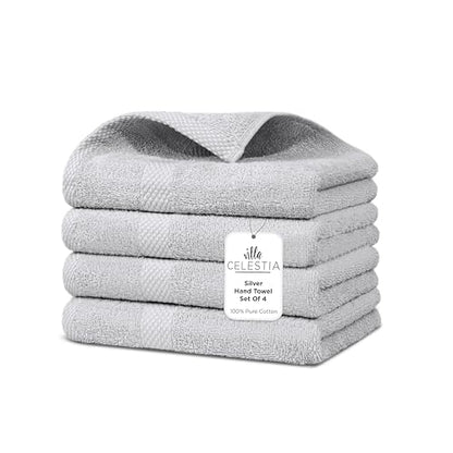 Villa Celestia Cotton Hand Towels Set of 4, 16 x 28, Oeko-TEX Certified, Quick Dry, Silver - color: Silver Grey, size: Hand Towel - Pack of 4