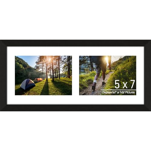 5x7 Double Picture Frame Collage 2 Openings, Black Wood Frame | Holds 2 5x7 Photos, 7"x16" Multi Photo Collage Frame Wall Decor Wooden, Horizontal/ Vertical, Tabletop/ Wall Mount, White Mat - color: Black Frame & White Mat, size: 2 Openings (7x16) - 5x7