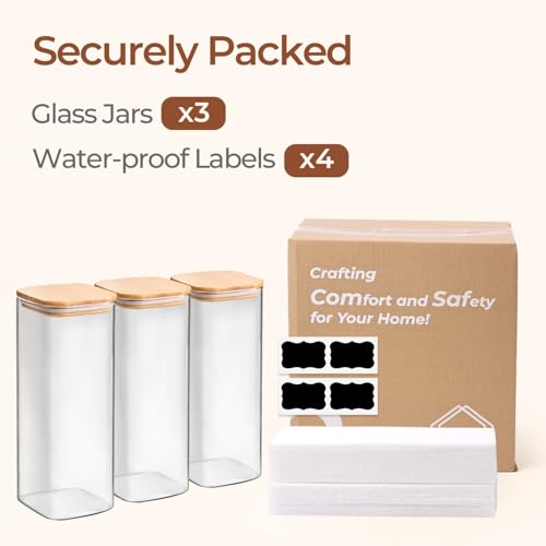ComSaf Glass Storage Containers wtih Lids 1.9 Qt, Set of 3 Food Storage Jar | Pantry Storage Containers, Glass Jar, Square Canisters, Bamboo Lid with Silicone Seal, Cookie, Cereal, Coffee, 61oz, BPA Free - size: 1.9Qt*3