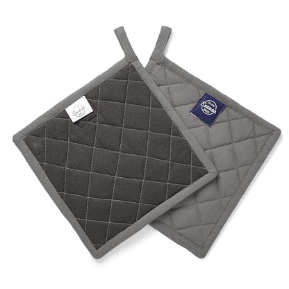 Encasa XO Pot Holders, Quilted Kitchen Hot Pads 8"x8" Grey | 100% Heavyweight Cotton | Quilted Insulation | Multipurpose Trivets & Hot Pads | Hanging Loop | Set of 2 - color: Grey.