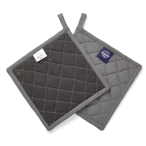 Encasa XO Pot Holders, Quilted Kitchen Hot Pads 8"x8" Grey | 100% Heavyweight Cotton | Quilted Insulation | Multipurpose Trivets & Hot Pads | Hanging Loop | Set of 2 - color: Grey.