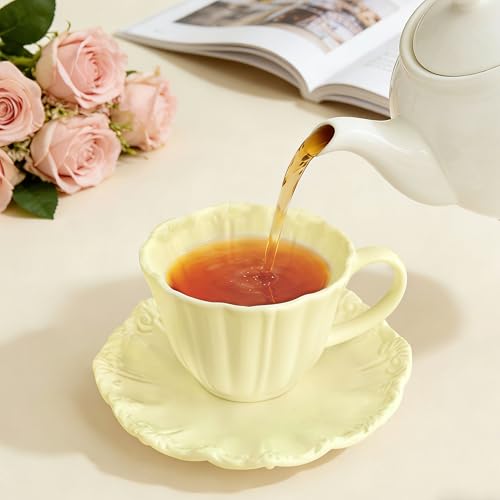 8oz Tea Cups and Saucers, Ceramic Latte Cup,Relief Cappuccino Cup and Saucer Set, Elegant Porcelain Tea Cups, Espresso Cup Set Dishwasher & Microwave Safe,Yellow - color: Yellow