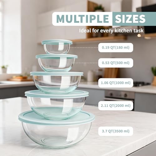 Luvan Glass Mixing Bowl with Lids Set of 5(0.2QT, 0.5QT, 1.1QT, 2.1QT, 3.75 QT), Space-Saving Nesting Bowls Anti-slip Salad Bowls for Storage, Cooking, Microwave,Freezer,Oven and Dishwasher Safe - color: Minty Blue