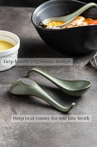 Asian Soup Spoon, Chinese Soup Spoons, Ramen Spoons, Japanese Ceramic Soup Spoon Set of 6,Thanksgiving Christmas Kitchen With Long Handle for Serving, Ramen, Pho, Noodles, Green - color: Green