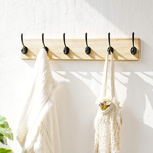 Coat Rack Wall: 24" Long, Patented, Heavy-Duty, 6-Double-Hooks Wooden Wall Mounted Coat Rack Coat Hanger Hook Rail for Winter Coats Hat Jacket Clothing, Light Brown, Pack of 2 - color: Light Brown & Black, size: L=24"(2pcs)