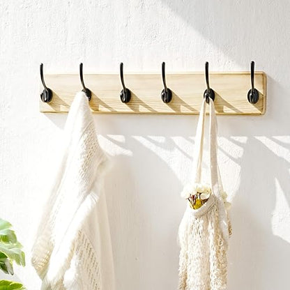 Coat Rack Wall: 24" Long, Patented, Heavy-Duty, 6-Double-Hooks Wooden Wall Mounted Coat Rack Coat Hanger Hook Rail for Winter Coats Hat Jacket Clothing, Light Brown, Pack of 2 - color: Light Brown & Black, size: L=24"(2pcs)