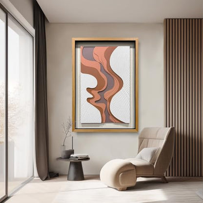 BrightA 5-Layer Wood Relief Wooden Wall Art Fluid Curves in Warm Brown & Ash Grey with Linear Grain Background, Framed in Solid Wood & Tempered Glass for Contemporary Walls 27.5"x39.4" - color: Rice white + earth yellow + dark brown 3 + natural wood tone,