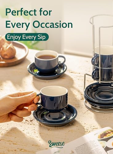 Sweese 2.5 Ounce Porcelain Stackable Espresso Cups with Saucers and Metal Stand Set of 4, Navy - color: Navy, size: 2.5 Ounces