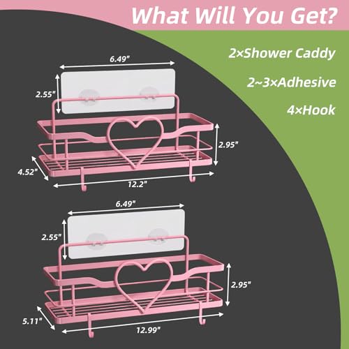 Pink Shower Caddy with 4 Removable Hooks, 2 Pack Sweet Heart Shower Shelves,No Drilling Adhesive Organizer Shelf for Bathroom Shower,Kitchen,Bedroom | Shower Shelf with 4 Removable Hooks,Holds 40 lbs,Rustproof Metal,For bathroom,kitchen,dorm,Cute Shower O