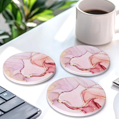 6 Pcs Pink Marble Abstract Ceramic Coasters with Holder Best Round Drink Absorbent Coaster for Desk, Lounge, Coffee Table, Wine, Beverage, Bar Coasters Set - color: Pink
