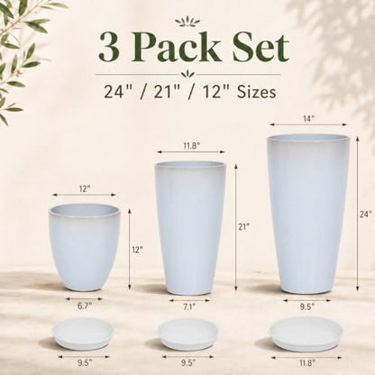 Neoaider Set of 3 Tall Planter, 24/21/12in Large Plastic Planter, WhiteJade | Ceramic-Look, Lightweight, Built-in Drain Hole, Saucers, Tall Outdoor Planter for Porch, Garden, Patio, Balcony - color: White Jade