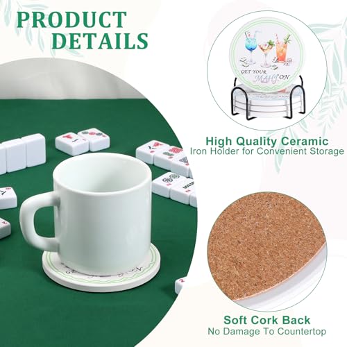 Ceramic Coasters with Holder, Mahjong Table Coasters for Drinks Set of 4 | 4x4 Inch for Most Mugs, Absorbent Round Cup Mats, Mahjong Gift and Accessories, Table Game Housewarming Party Supplies - size: 4x4 in (Style 1)