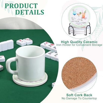 Ceramic Coasters with Holder, Mahjong Table Coasters for Drinks Set of 4 | 4x4 Inch for Most Mugs, Absorbent Round Cup Mats, Mahjong Gift and Accessories, Table Game Housewarming Party Supplies - size: 4x4 in (Style 1)