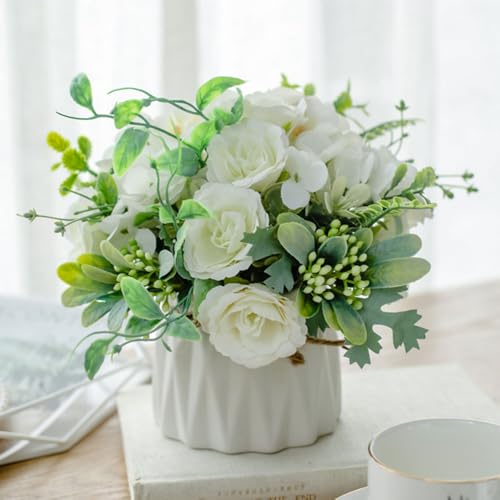 TKAS Fake Flowers Arrangement in Ceramic Vase, Artificial Faux Silk Roses & Hydrangea, Small Realistic Dried-Style Floral Centerpiece for Dining Table, Wedding Party Home Decoration (White) - color: White