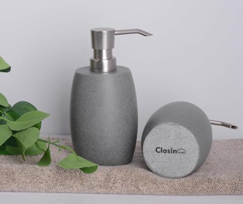 Clasin Home Sandstone Textured Resin Soap Dispenser with Metallic Pump and Waterproof Bottle Labels for Bathroom Kitchen Dish Hand Wash Shower Lotion Shampoo, 12 Oz, 2 Sets Gray - color: Dark Gray_2 Pcs